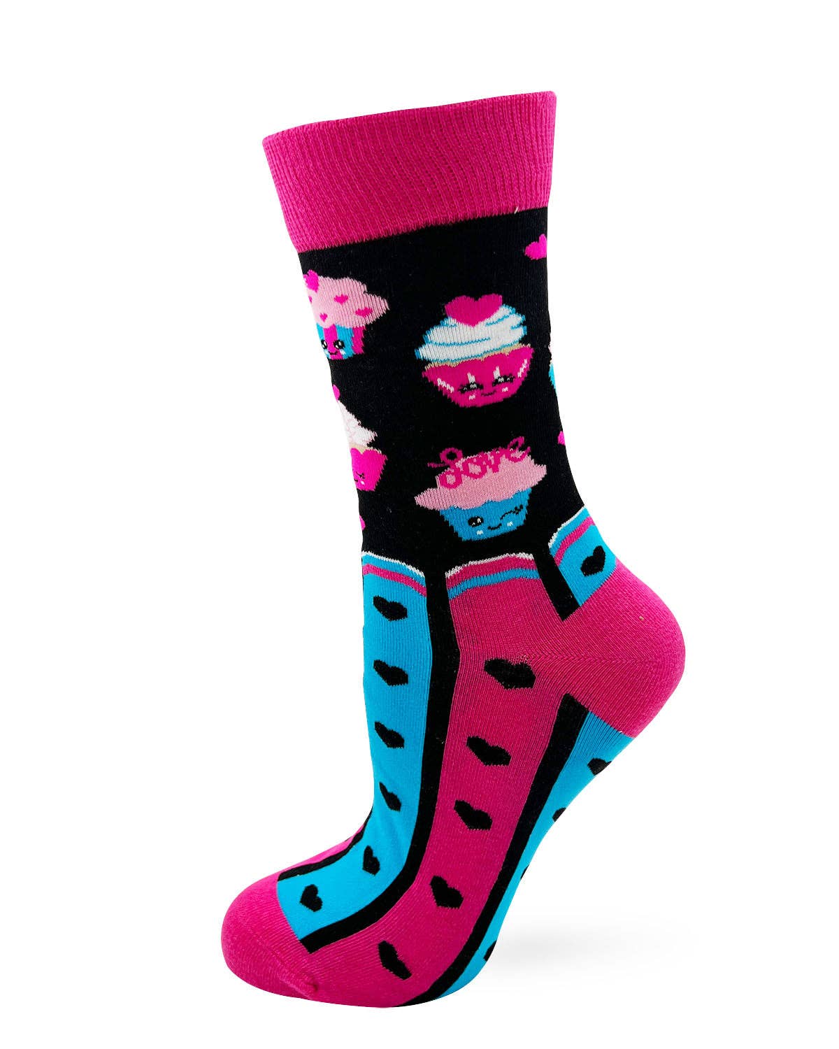 Colorful sock with heart and cupcake designs on a white background