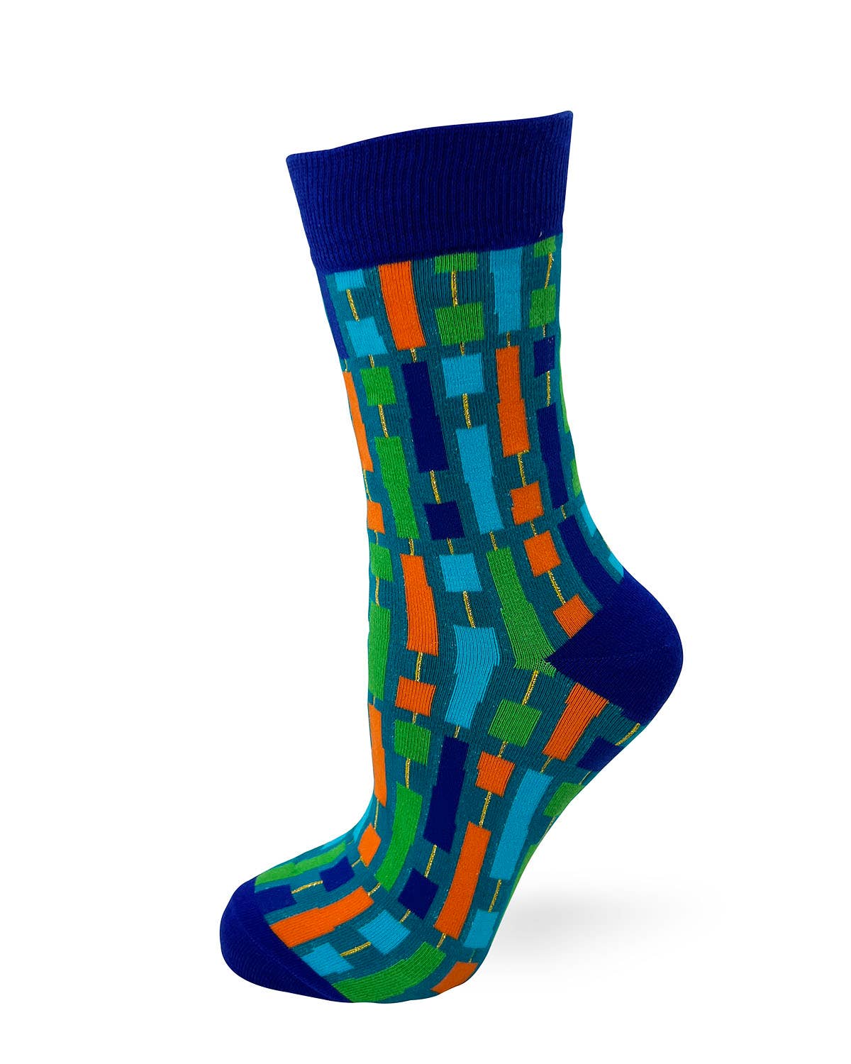 Colorful sock with geometric pattern on a white background