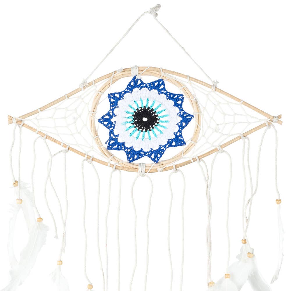Dreamcatcher with blue circular design in the center on a white background