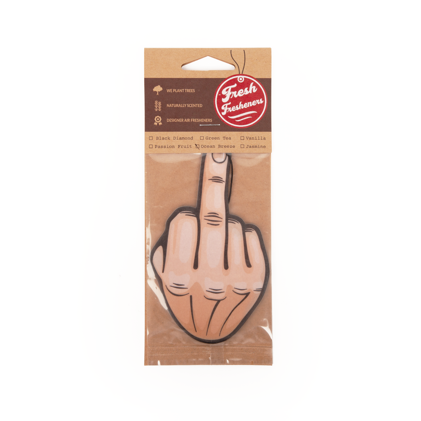 Package of Fresh Fresheners with a middle finger design on a white background