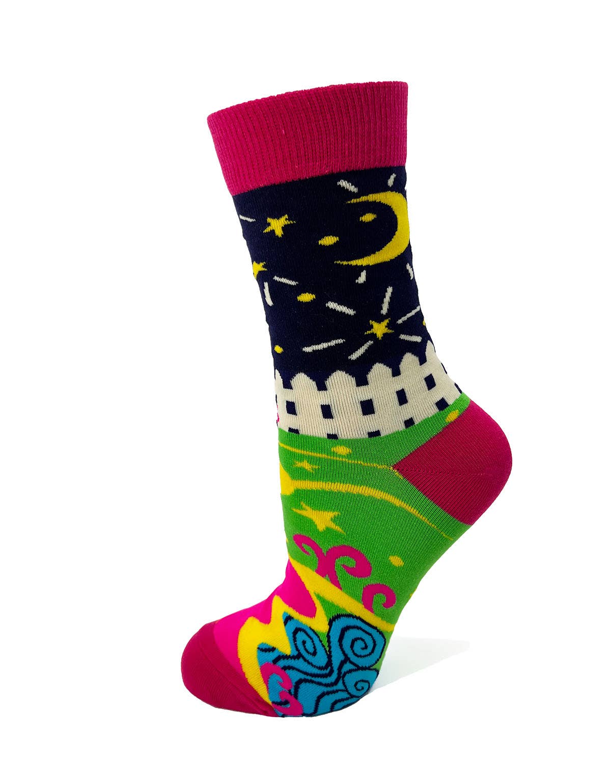 Colorful sock with starry night design on a white background
