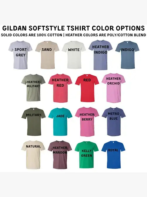 Gildan SoftStyle t-shirt color options on a white background
