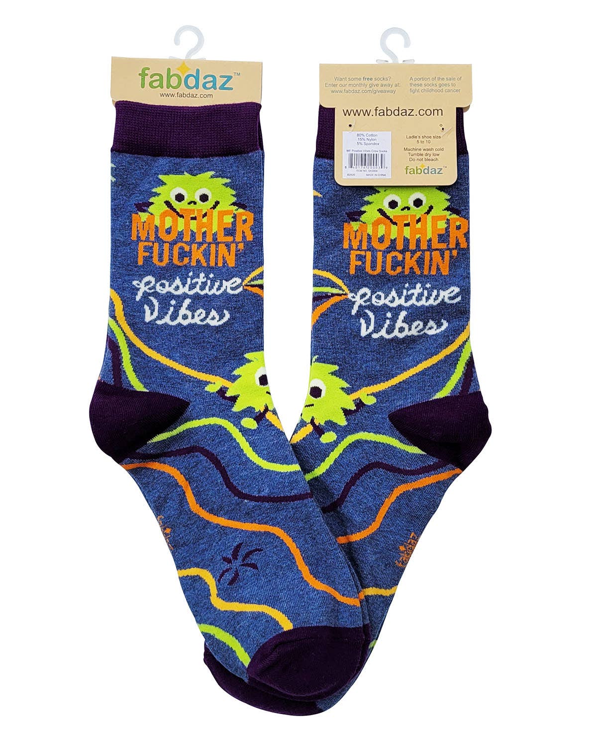 Pair of socks with colorful text and graphics on a white background