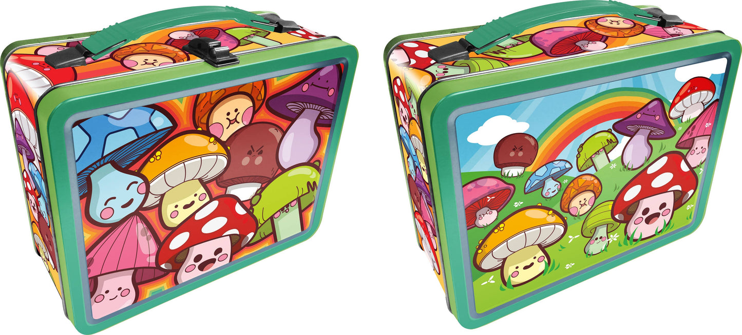 Two colorful lunch boxes with mushroom design on a green background
