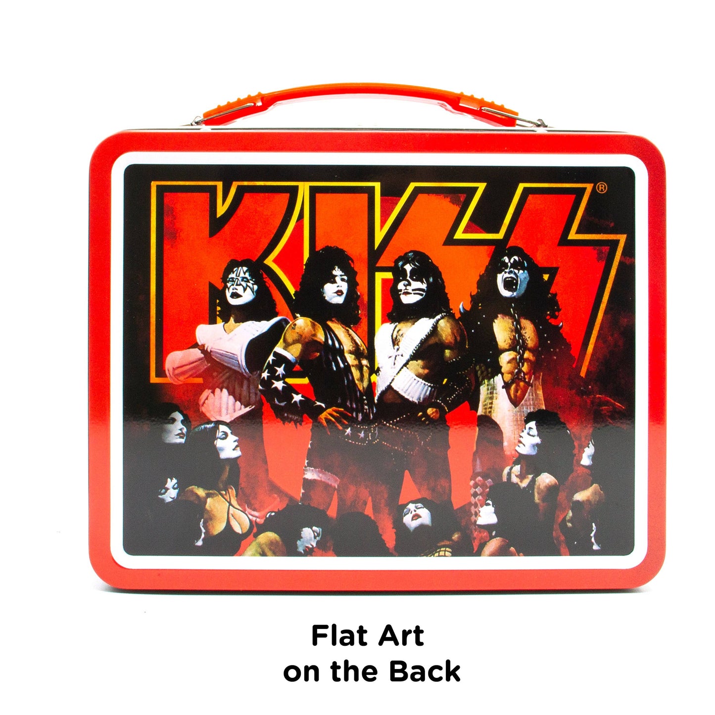 Kiss-themed lunch box with band members and iconic logo on a white background