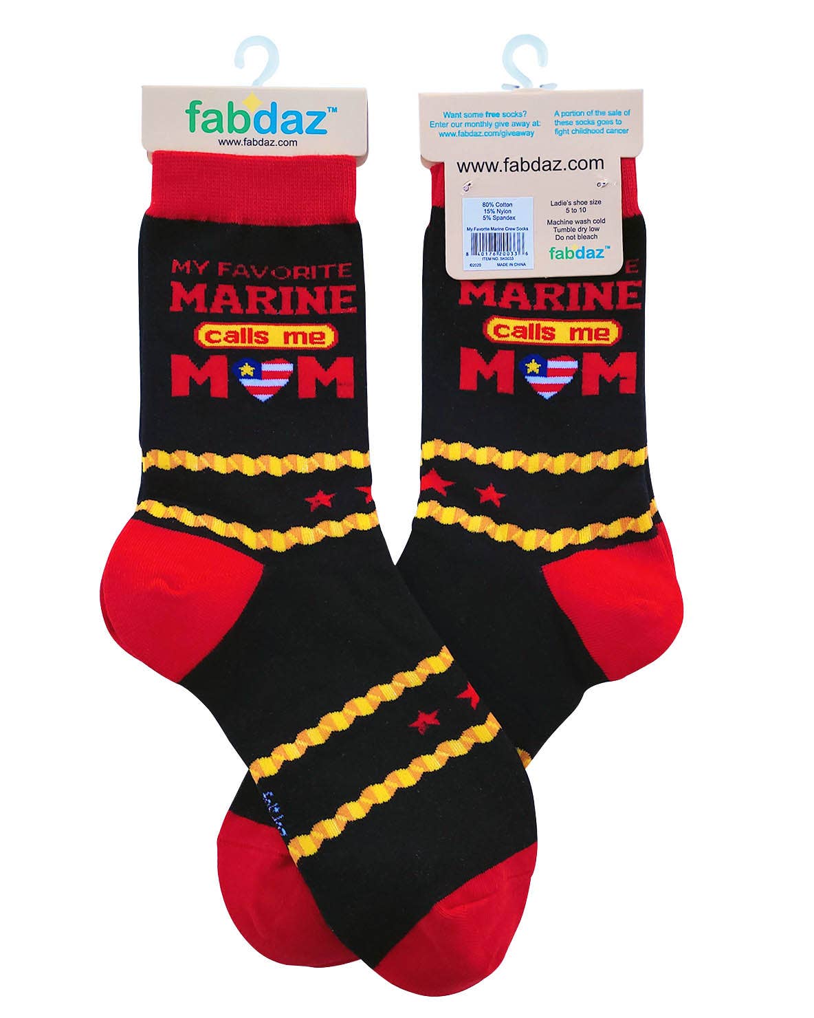 Two socks with text and designs on a white background, featuring the brand 'fabdaz'.