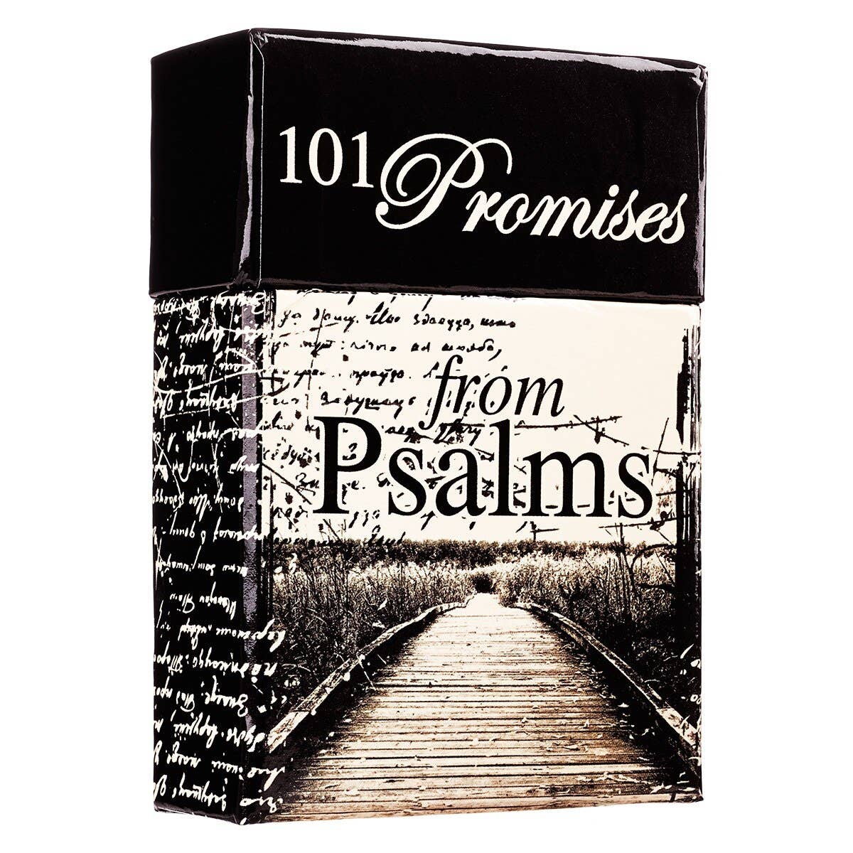 Book or packaging with '101 Promises from Psalms' text and a scenic design on a white background