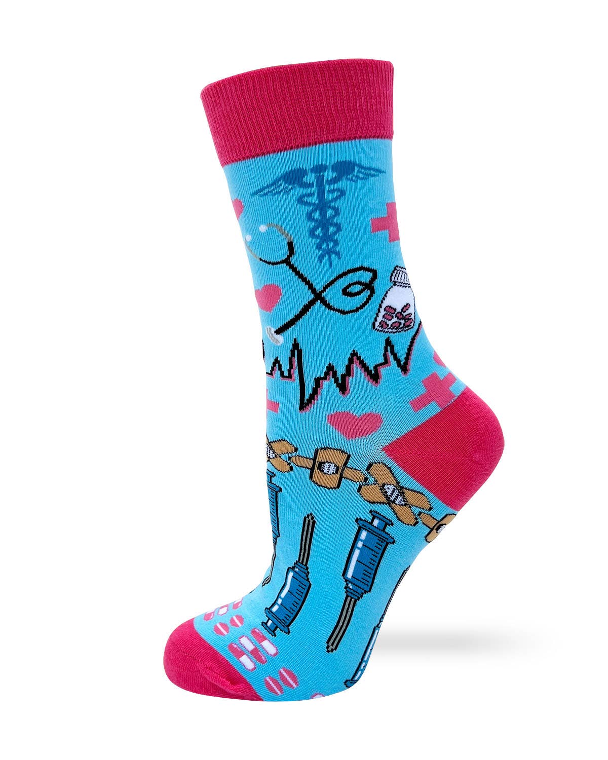 Colorful sock with medical-themed design on a white background