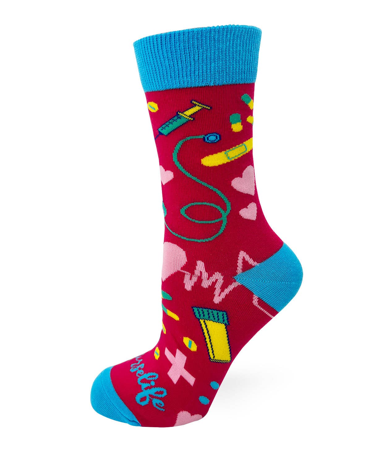 Colorful sock with medical-themed design on a white background