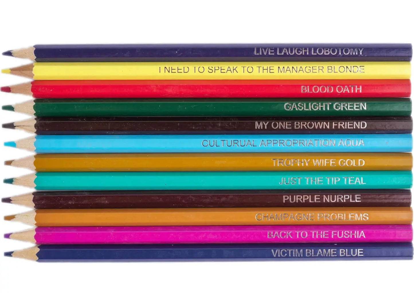 Stack of colored pencils with text on the barrels