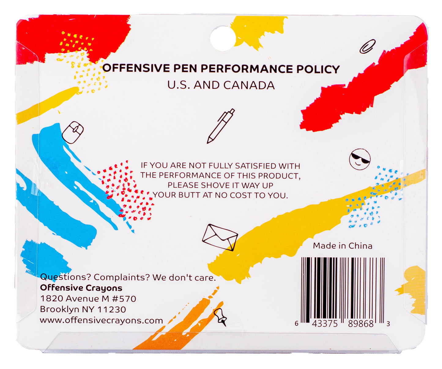 Back of a crayon packaging with colorful design and text