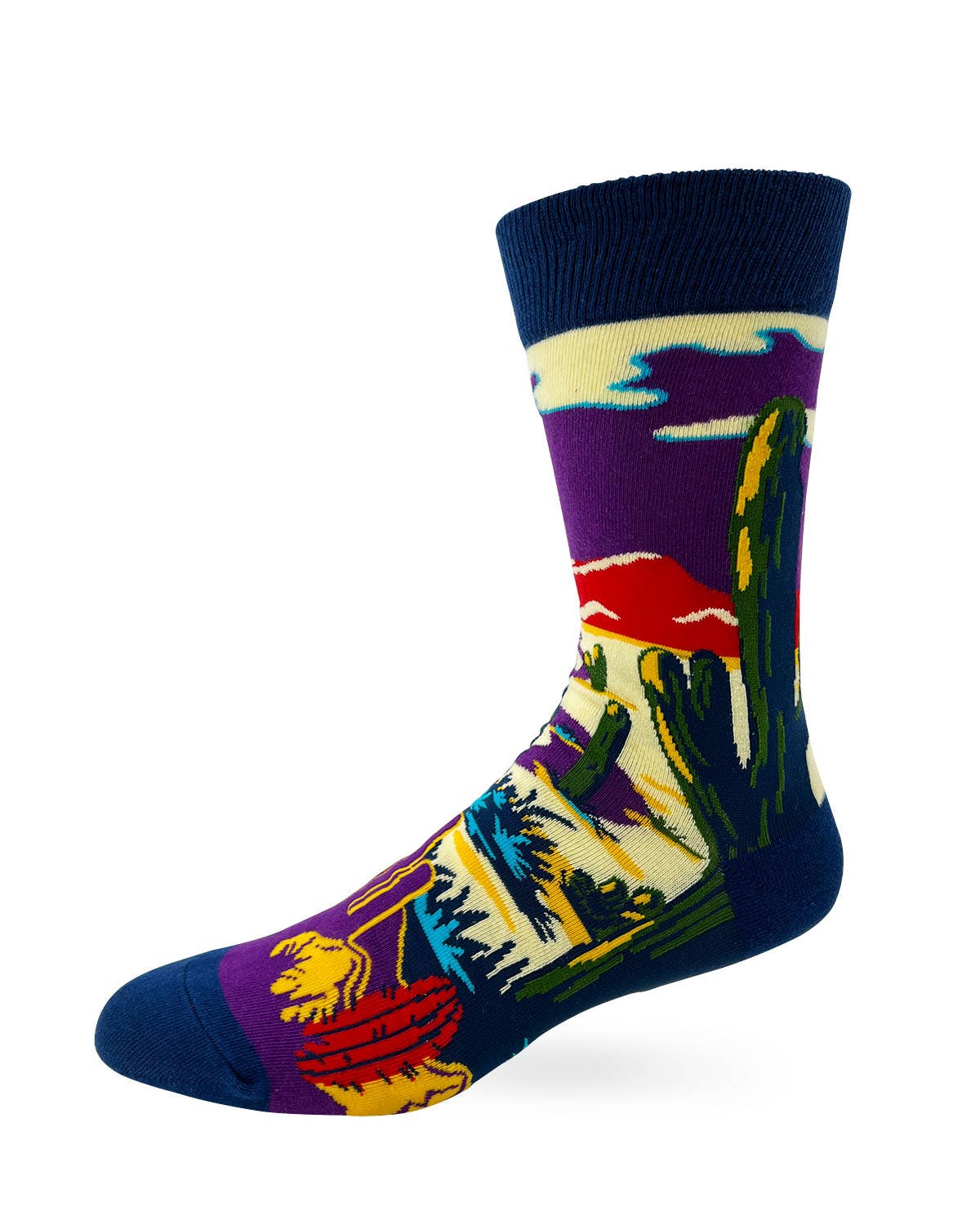 Colorful sock with desert landscape design on a white background