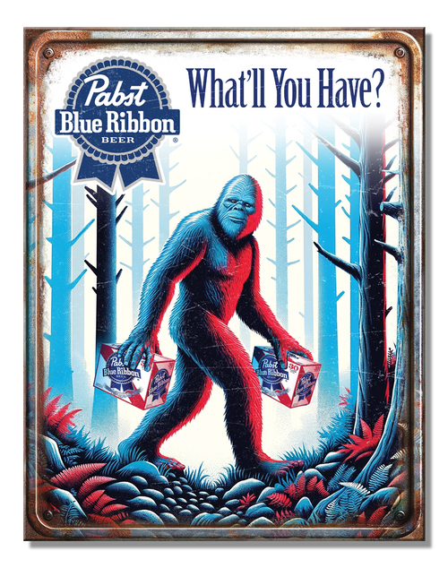 Pabst Blue Ribbon beer sign with a blue monster holding beer cans in a forest setting.