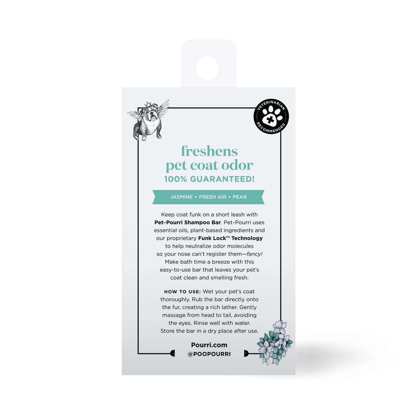 Product packaging for a pet shampoo bar with text on a white background