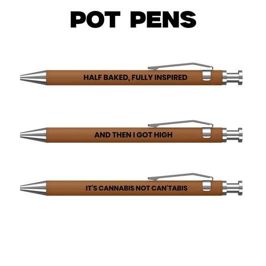Three pens with humorous text on a white background