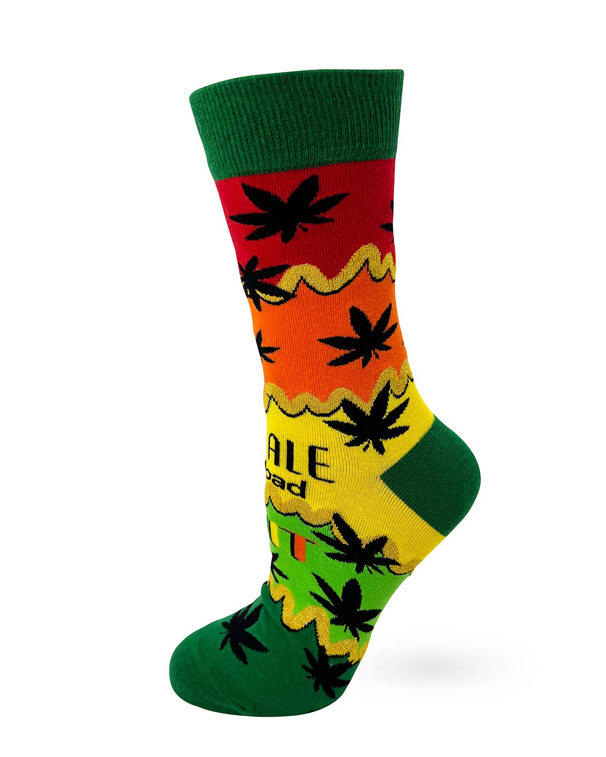 Colorful sock with leaf patterns and text on a white background