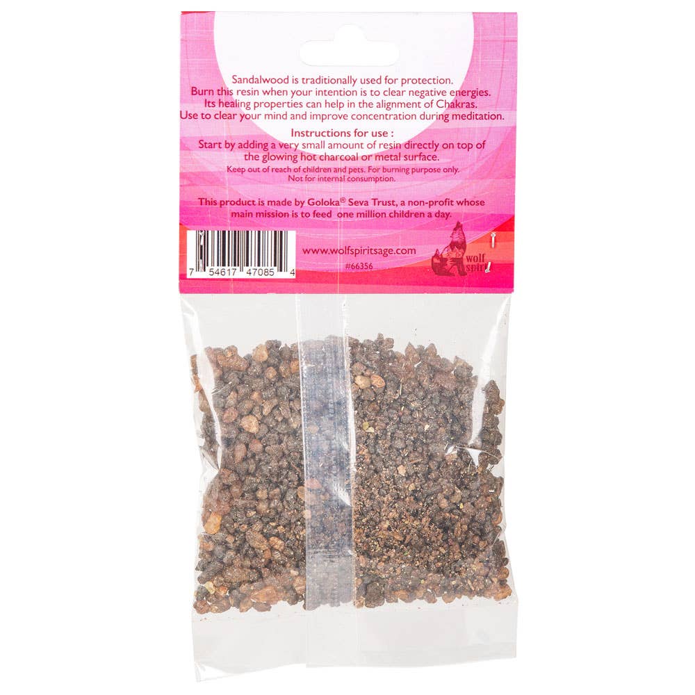 Package of sandalwood resin with pink label on a white background