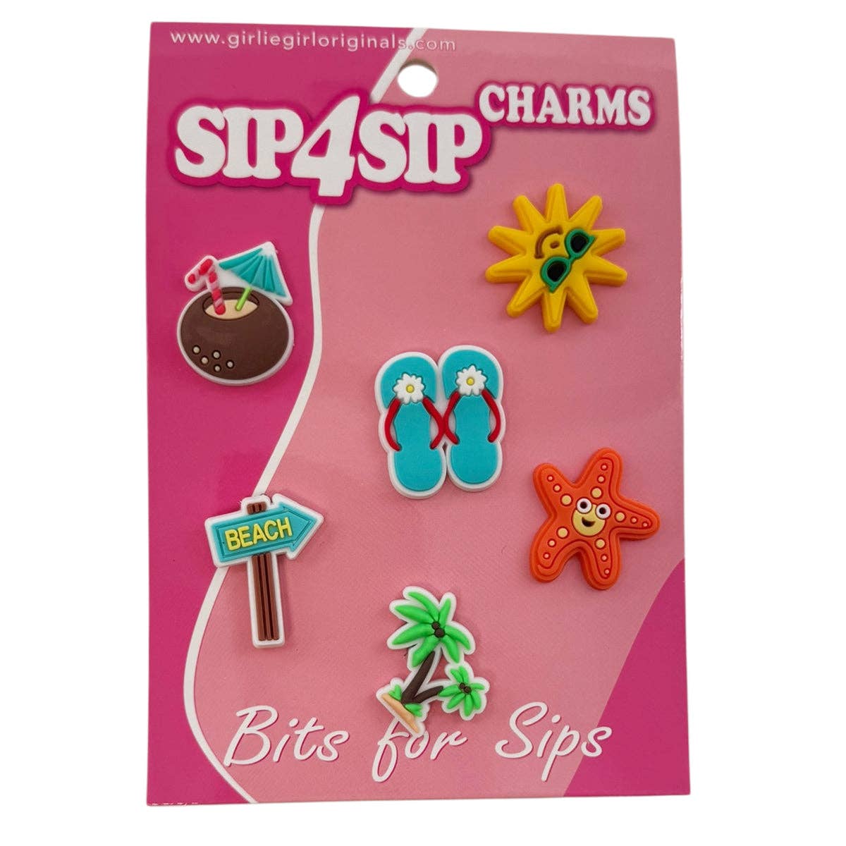 Packaging of Sip4Sip charms with various beach-themed designs on a pink background.