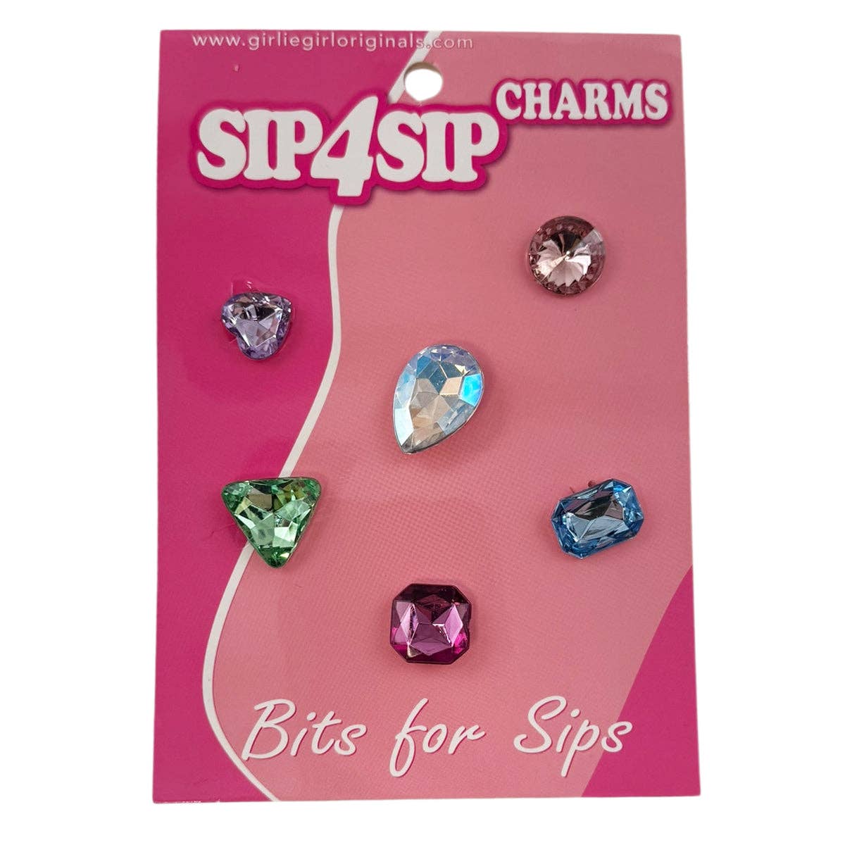 Packaging of Sip4Sip charms with colorful gemstones on a pink background