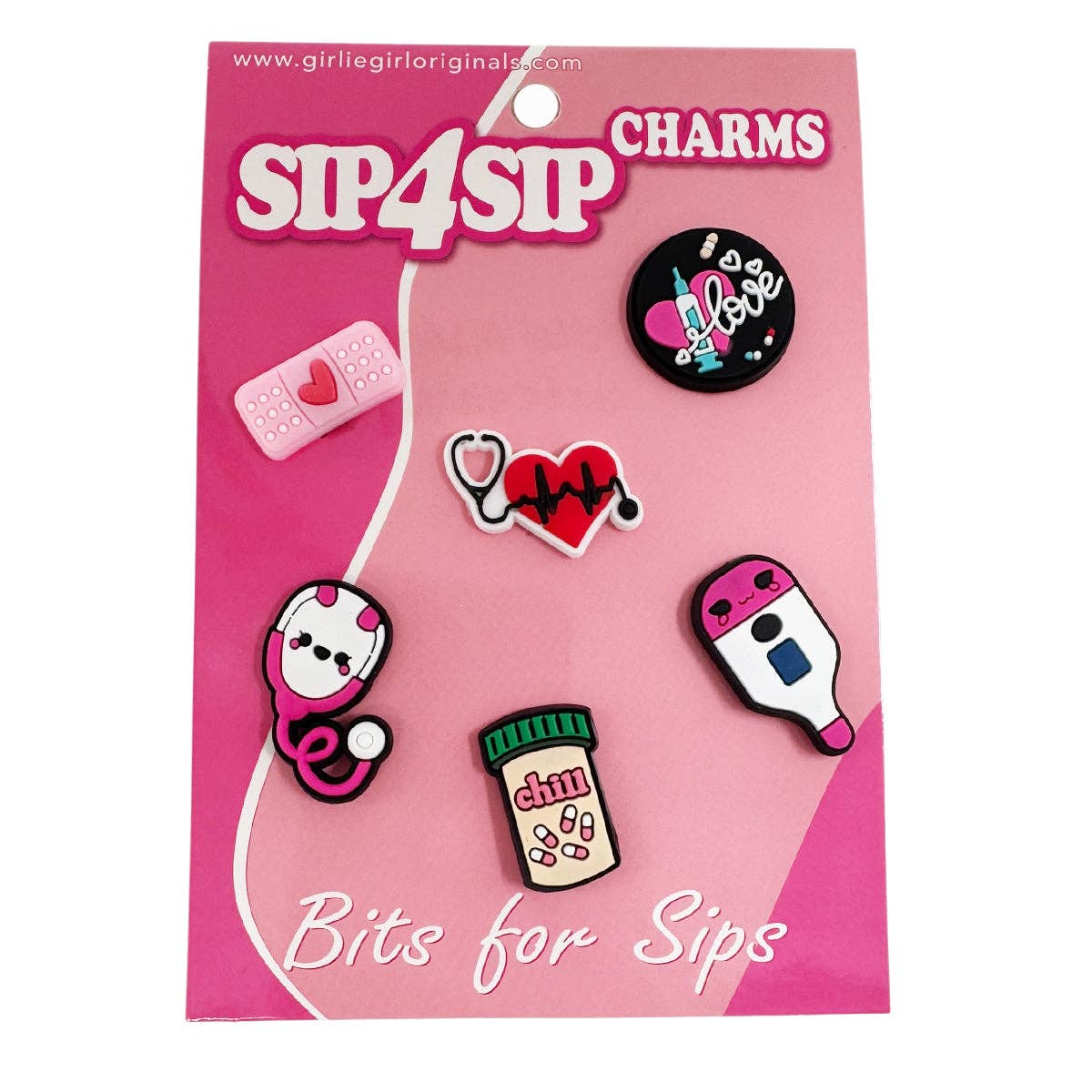 Packaged set of 'Sip4Sip' charms with various designs on a pink background.