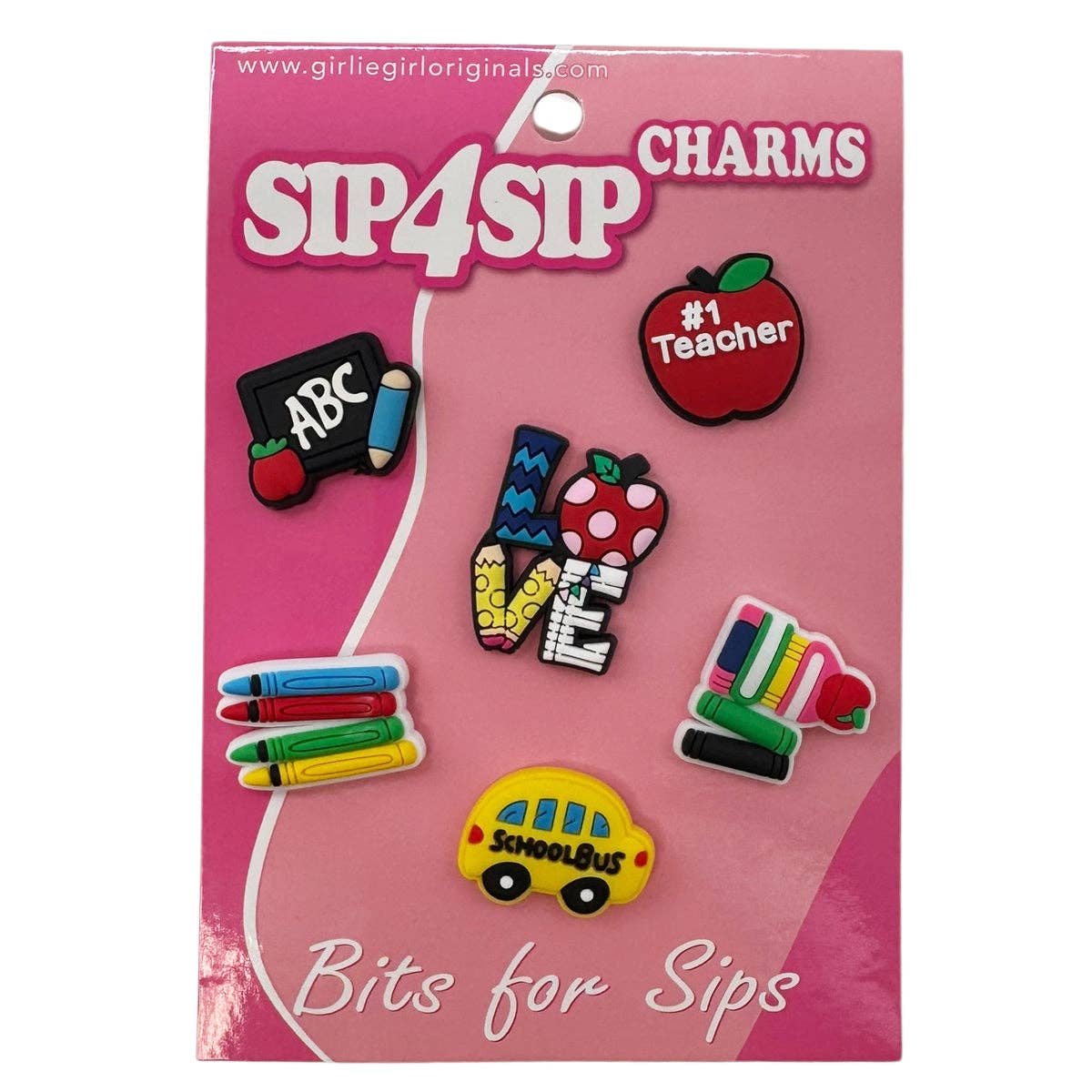 Packaging of 'Sip4Sip' charms with various designs on a pink background