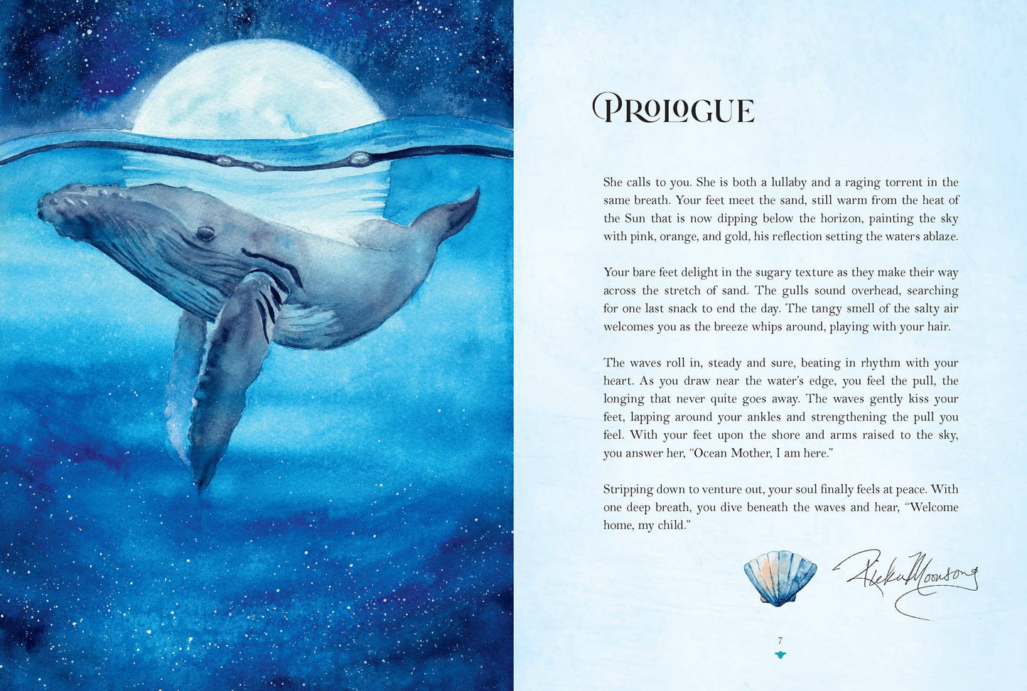 Whale illustration with a moonlit sky and text on a blue background