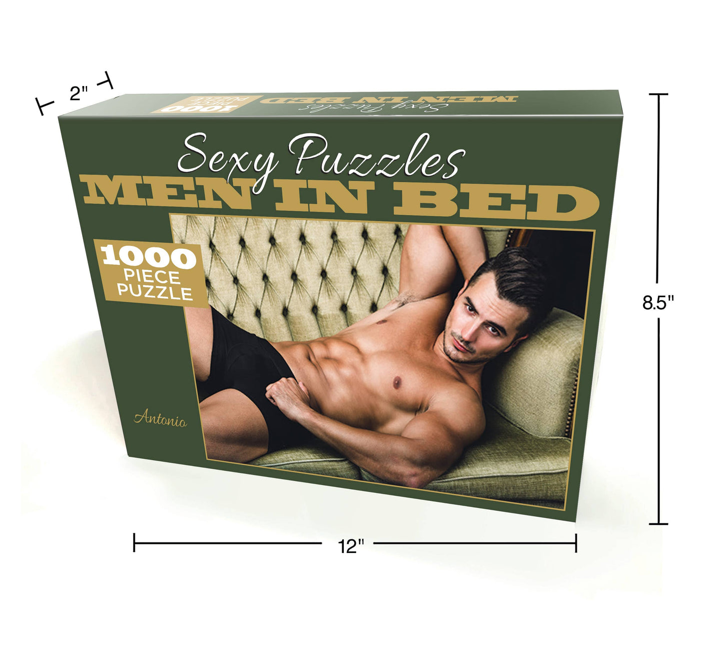 Box of 'Men in Bed' puzzle with a man lying on a couch, dimensions indicated.
