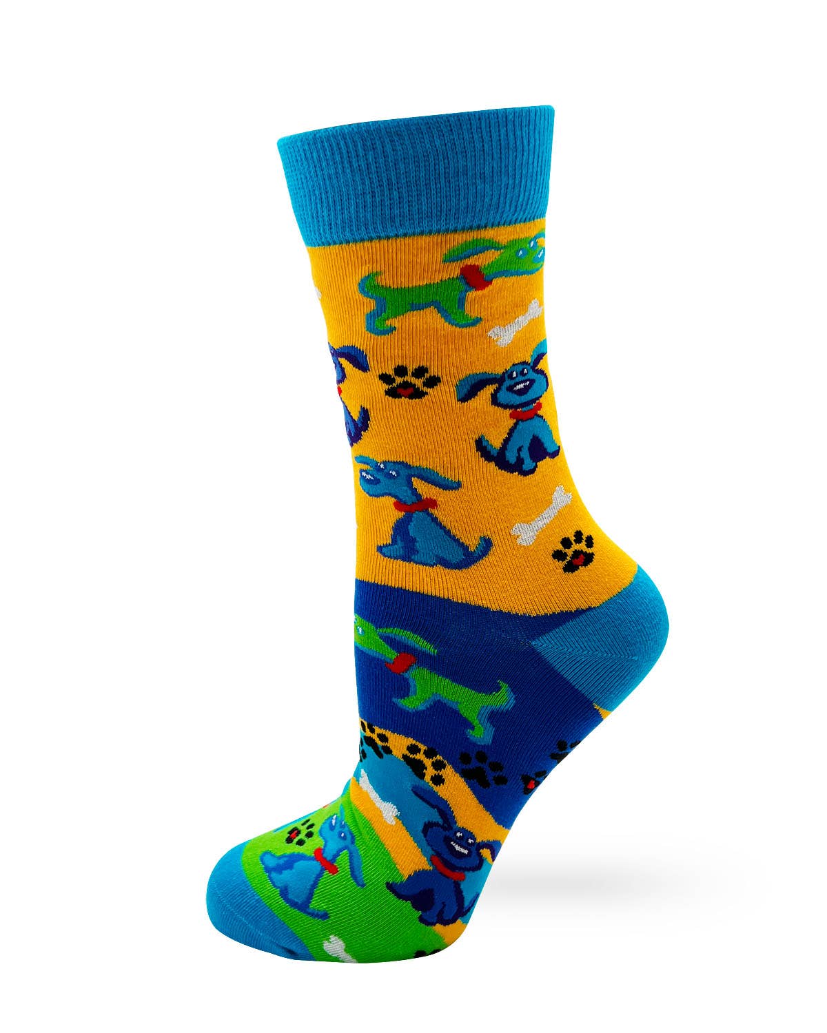 Colorful children's socks with dog and dinosaur patterns on a white background