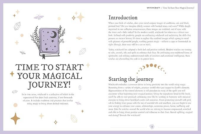 Magical journey book with introductory text and illustrations on a purple background
