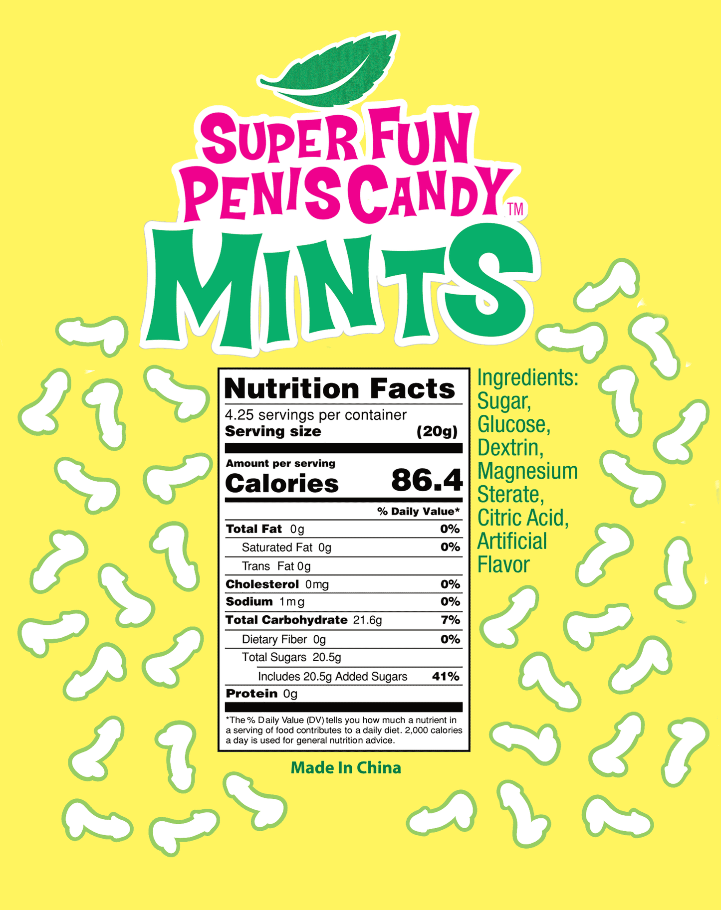 Label for Super Fun Penis Candy Mints with nutritional information on a yellow background