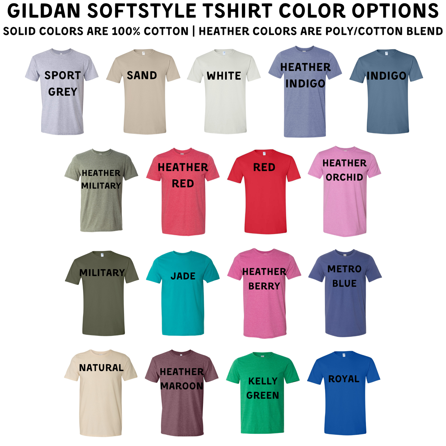 Gildan SoftStyle t-shirt color options with labels on a white background