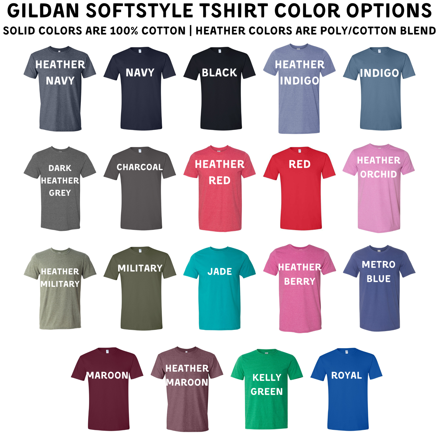 Gildan SoftStyle t-shirt color options with text labels on a white background