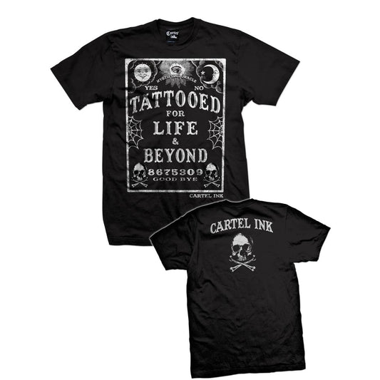 Black t-shirt with white graphic design and 'Cartel Ink' branding on a white background