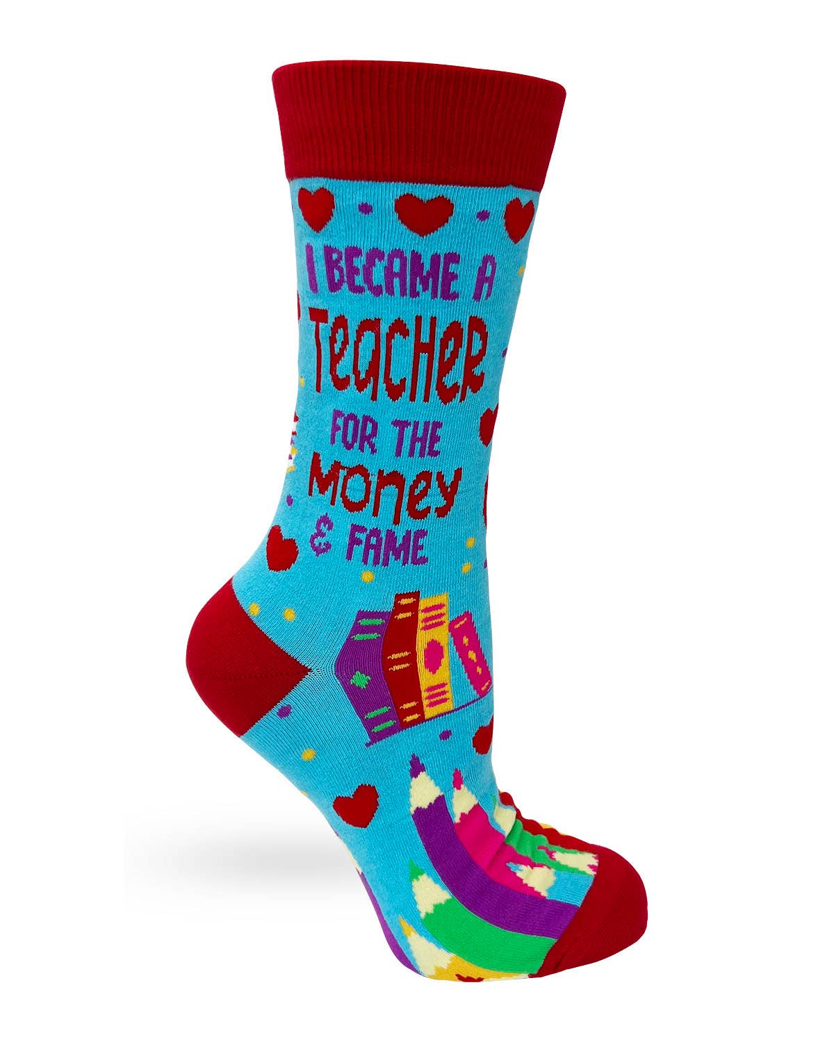Colorful sock with text and graphics on a white background