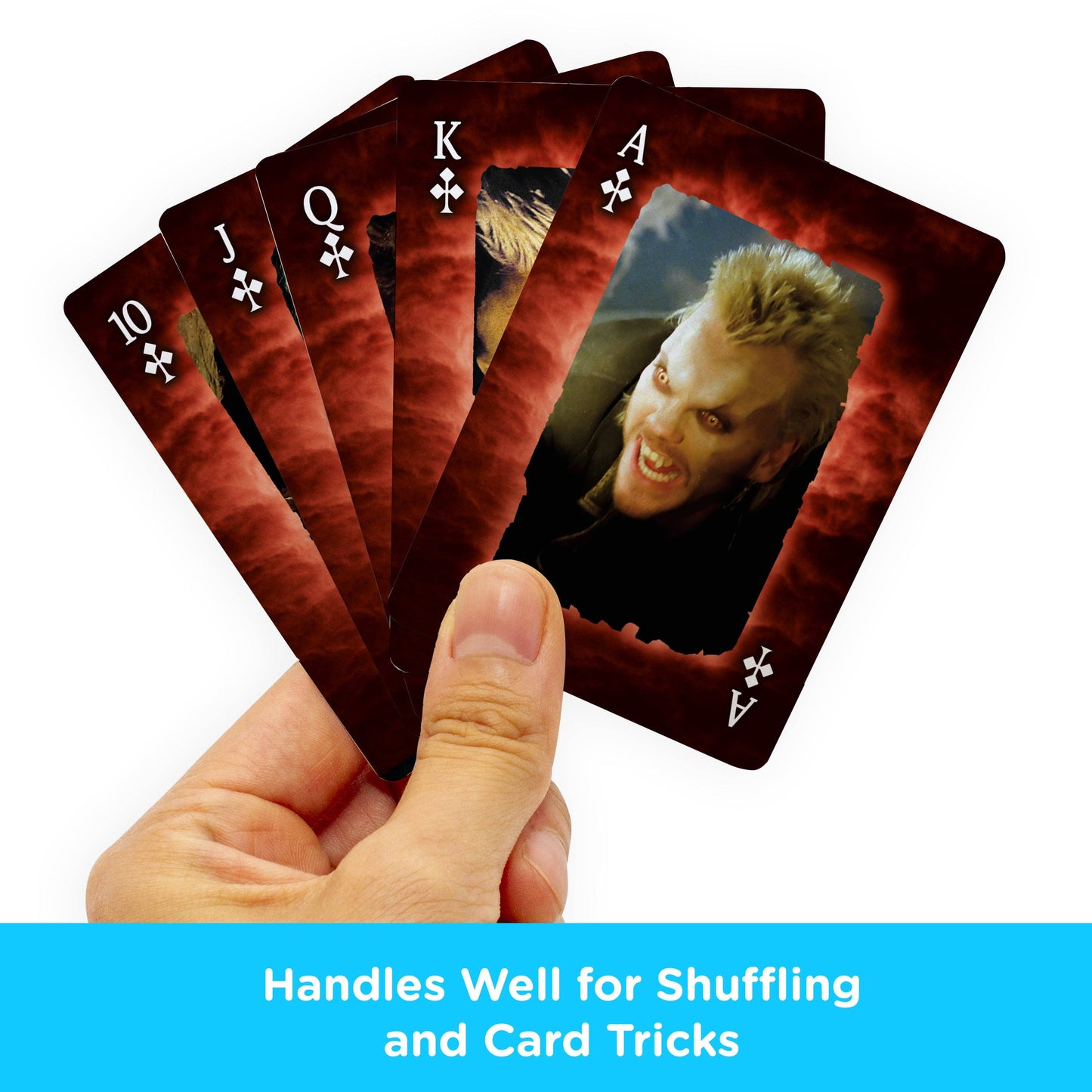 Hand holding a set of playing cards with a character face on one card, against a white background.