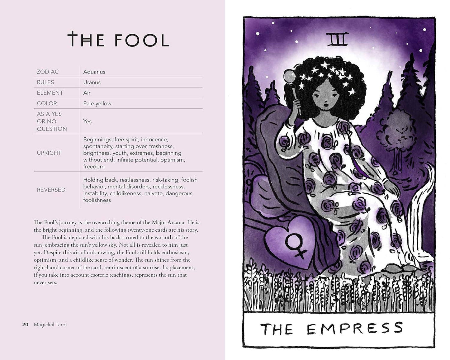 Illustration of 'The Fool' from a tarot card deck with descriptive text on the left.