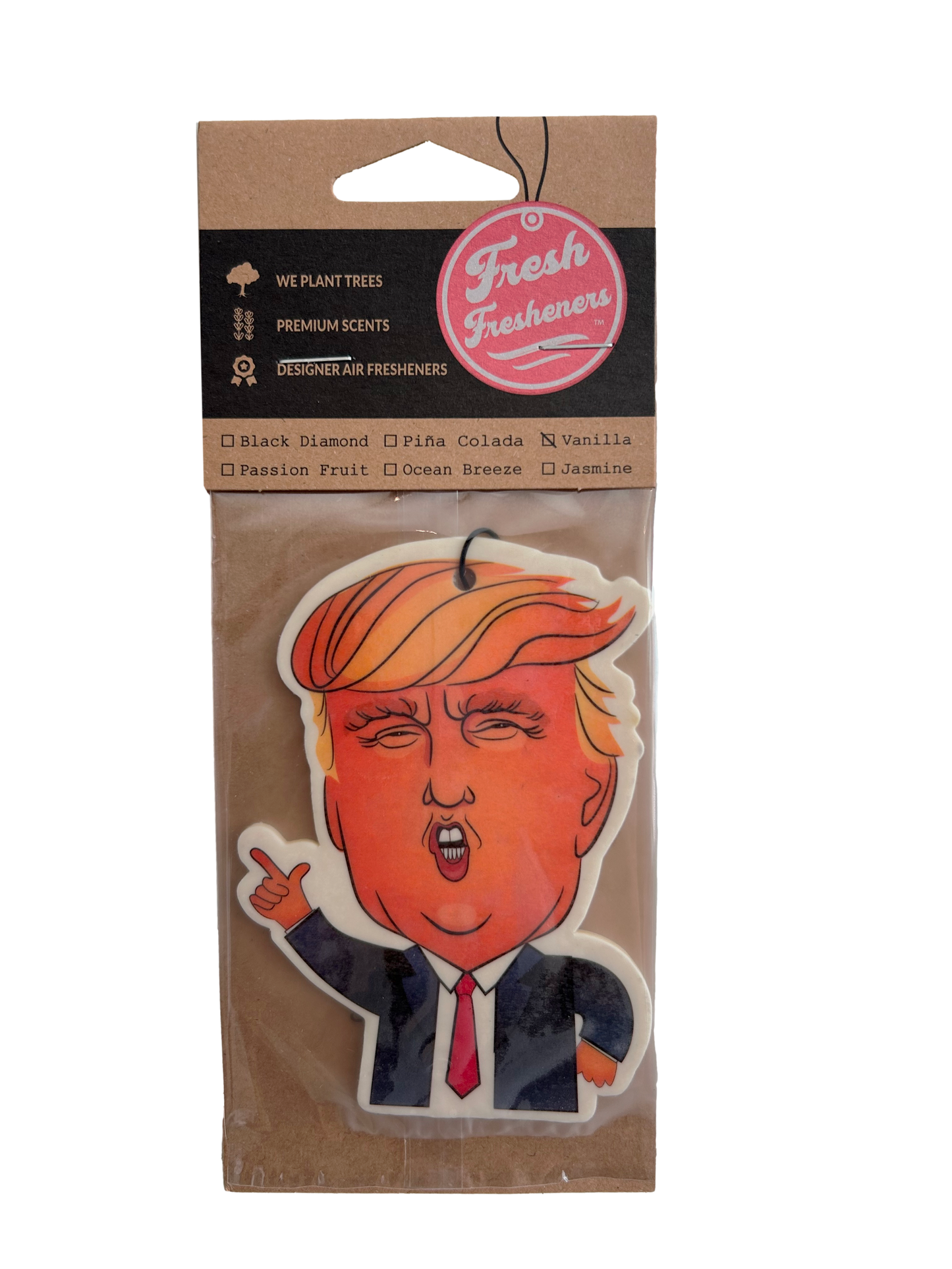 Air freshener with a cartoon depiction of a political figure on a brown package.