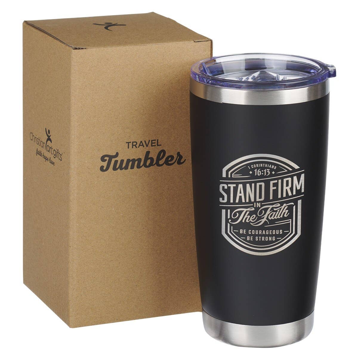 Black travel tumbler with motivational quote next to its cardboard box packaging.