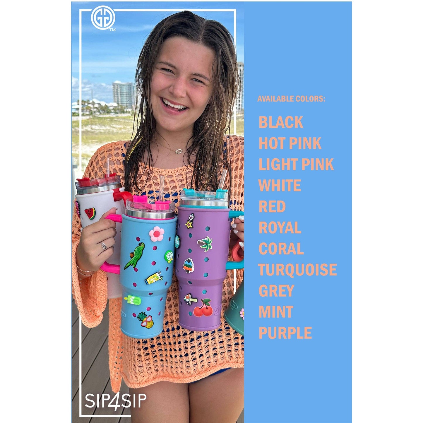 Girl holding colorful water bottles with a list of available colors on a blue background