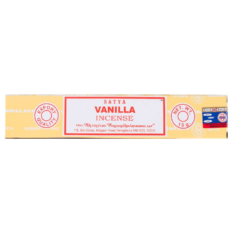 Box of Satya Vanilla Incense on a white background