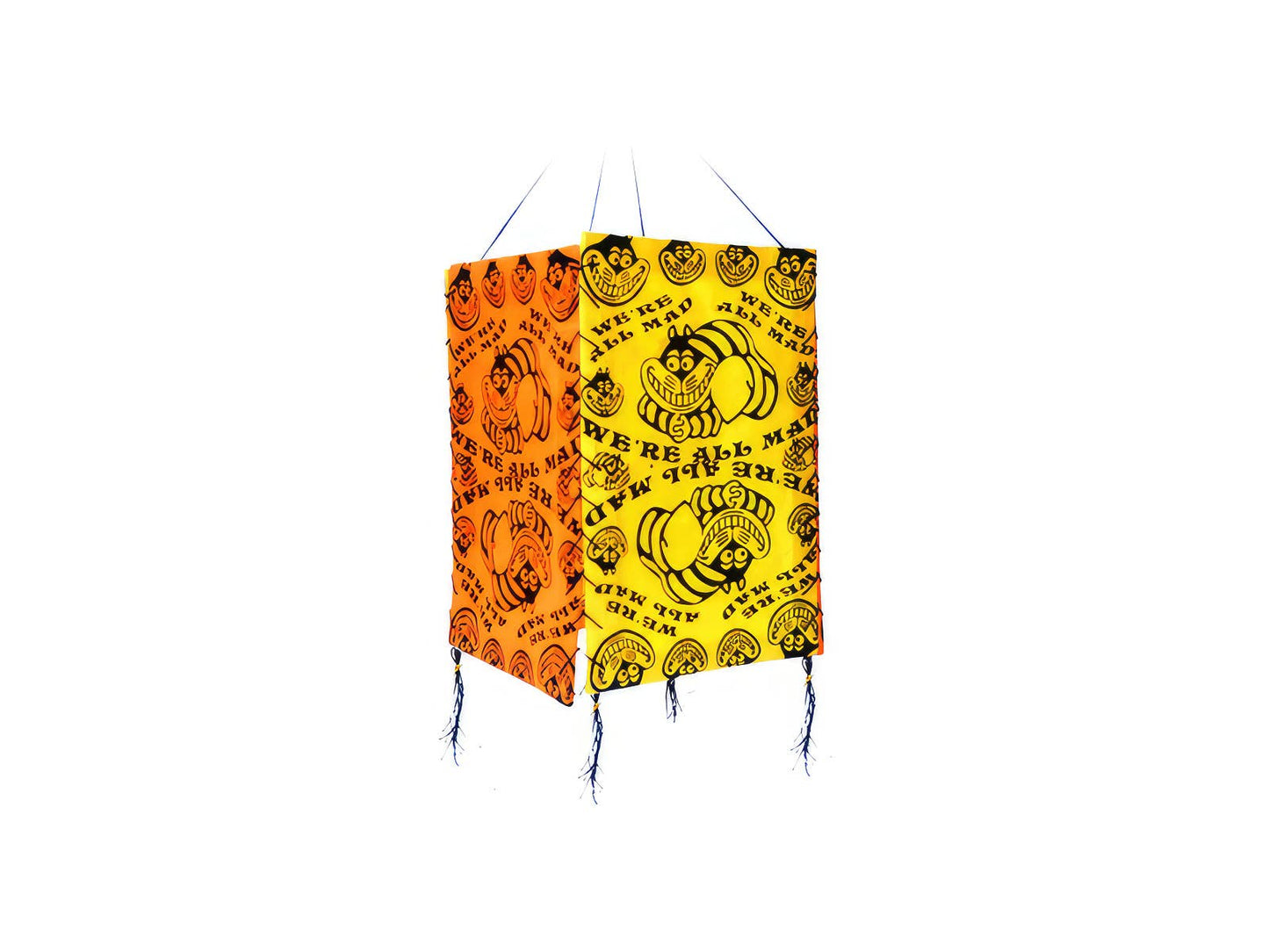 Two colorful hanging lanterns with black text and designs on a white background