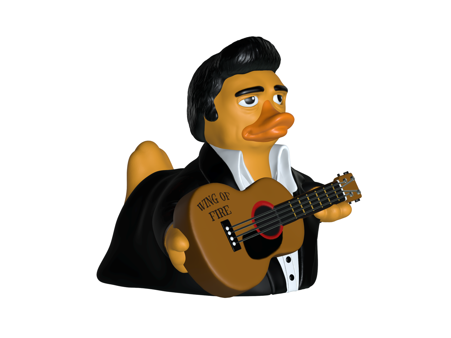 Sculpture of a duck-like character with human features playing a guitar on a white background