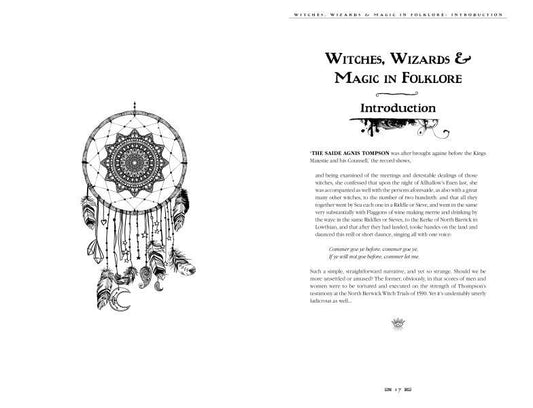 Page from a book or document titled 'Witches, Wizards & Magic in Folklore' with an illustration of a dreamcatcher on a white background.
