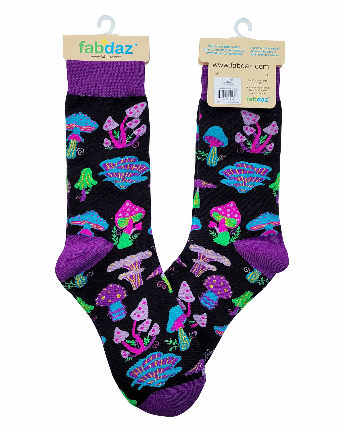 Pair of socks with colorful mushroom pattern on a black background, branded 'fabdaz'.