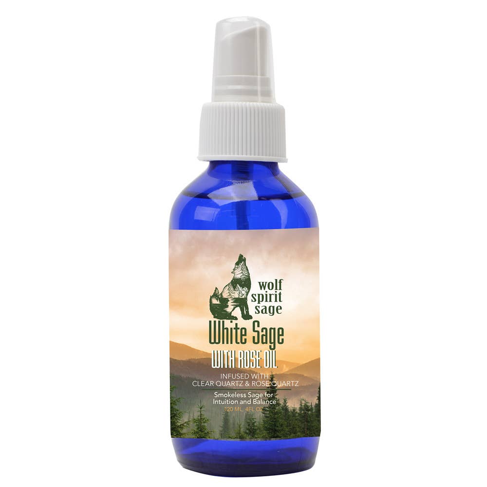 Bottle of White Sage with Rose Oil by Wolf Spirit Sage on a white background