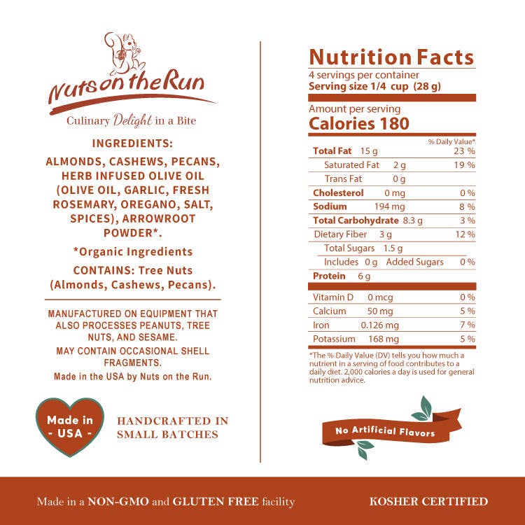 Nutritional label for Nuts on the Run product with ingredients and certification details.