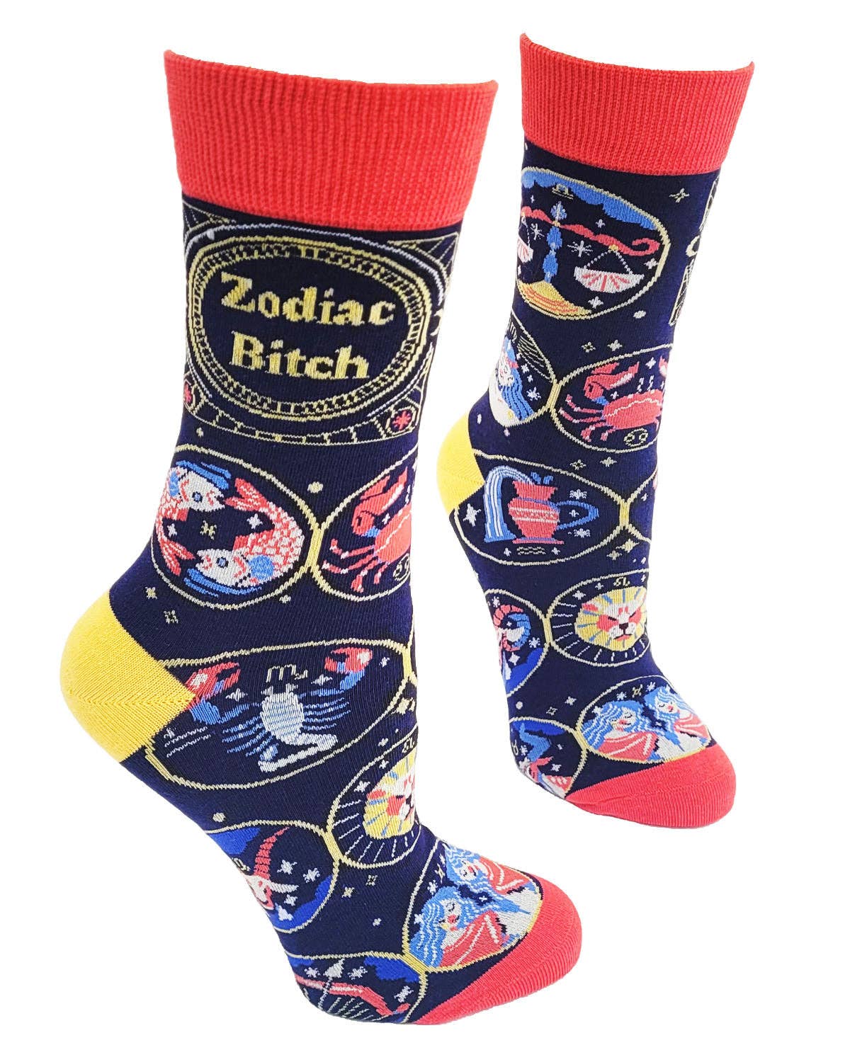 Colorful socks with zodiac designs and text on a white background