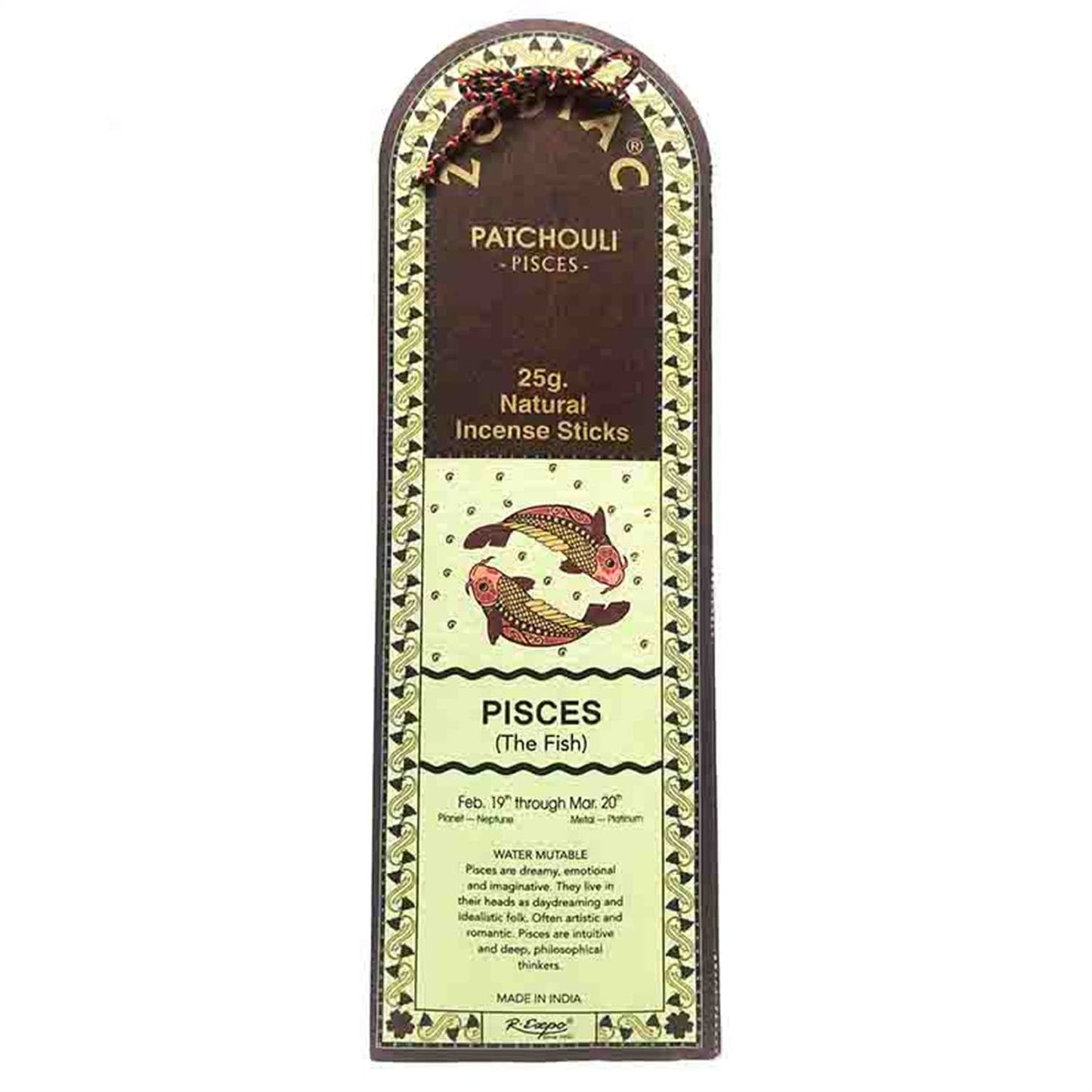 Incense stick packaging for Pisces with zodiac symbol and descriptive text.