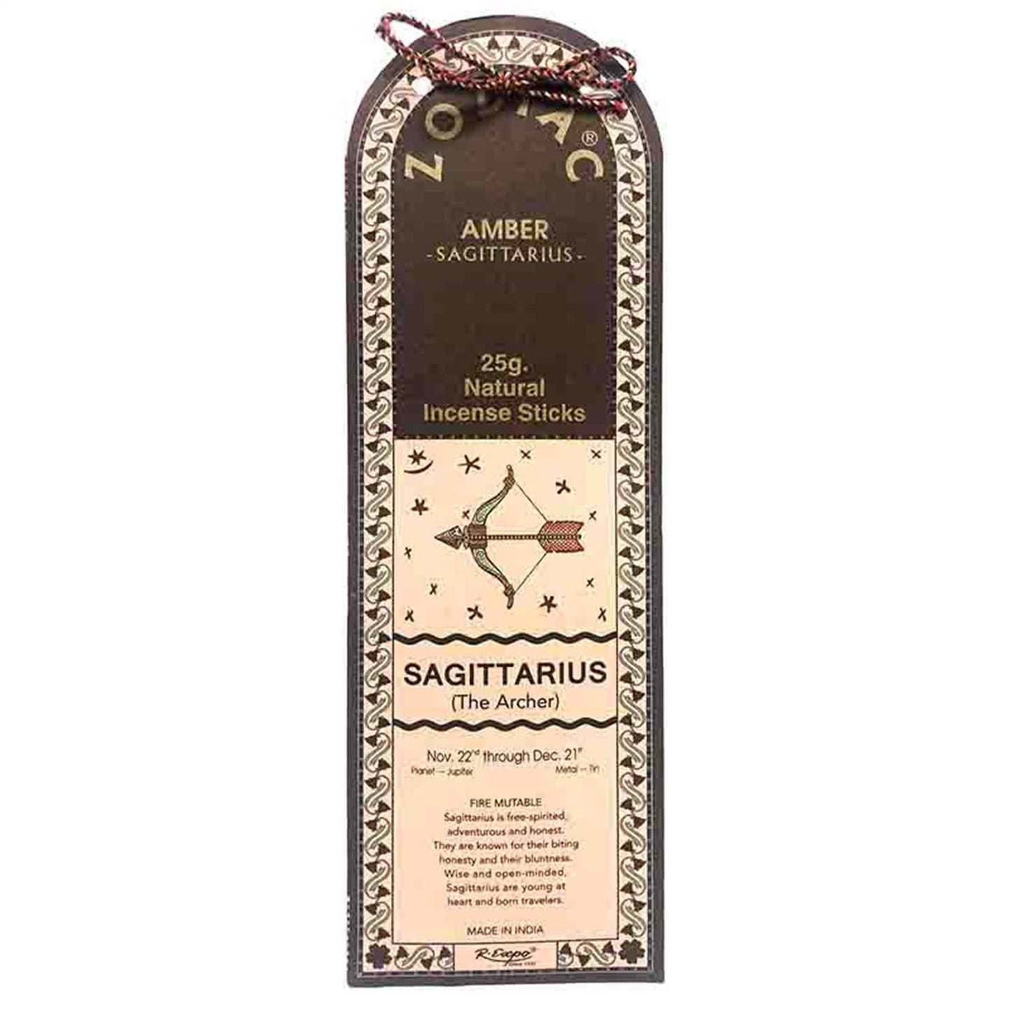 Incense stick packaging for Sagittarius with astrological design on a white background