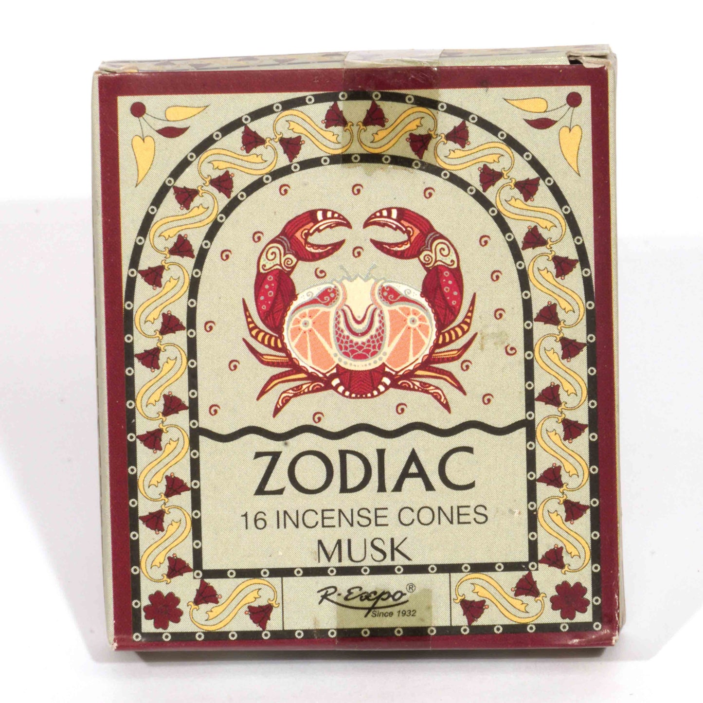 Box of Zodiac Musk incense cones with a crab design on a white background